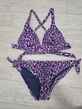Victoria's Secret Purple and Black Leopard Print Tie Bikini- Large Top XL Bottom
